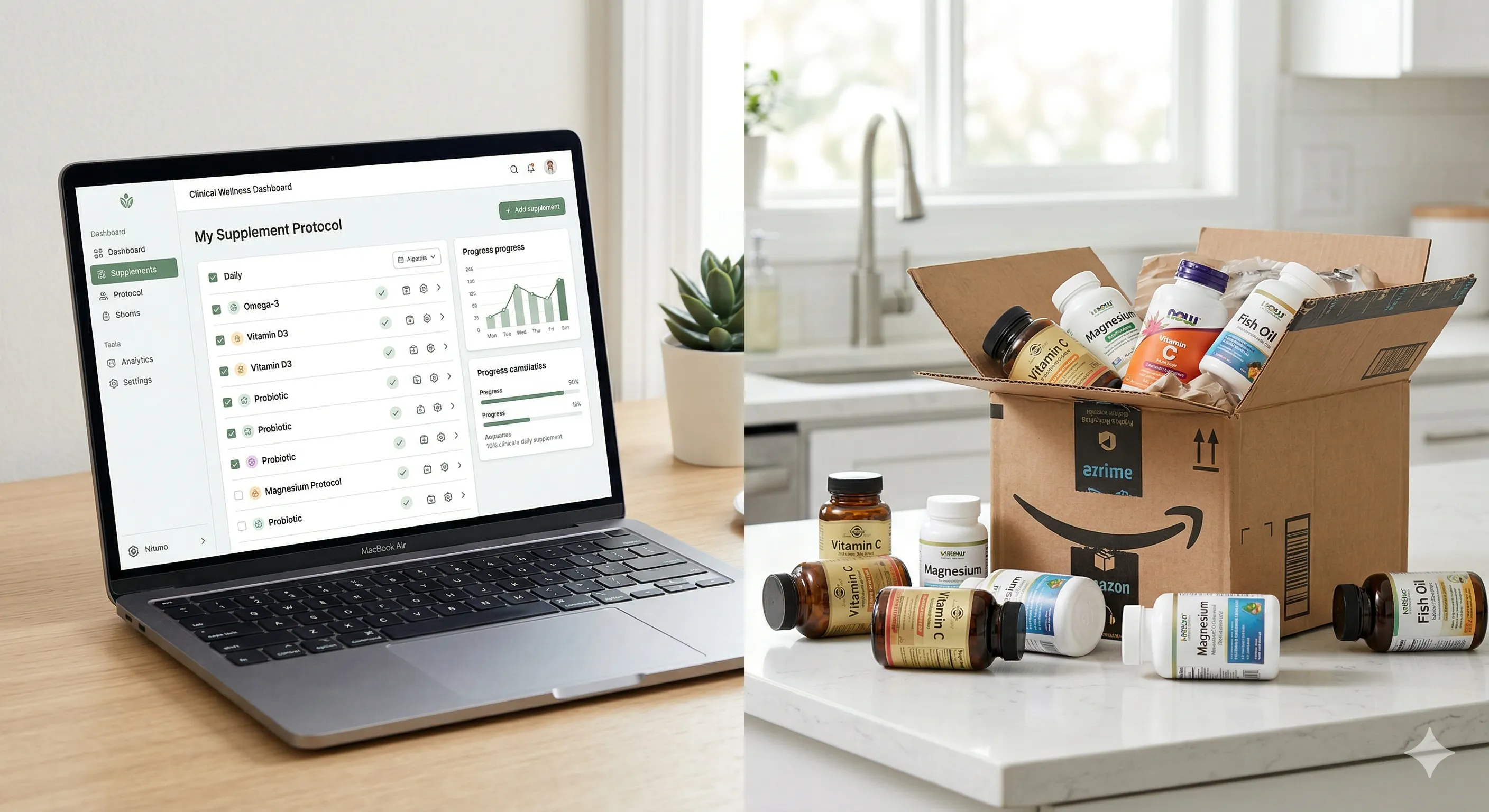 Split image — left side shows a clinical supplement protocol on a clean dashboard, right side shows a cardboard Amazon delivery box with supplement bottles spilling out — warm natural light, clean white background