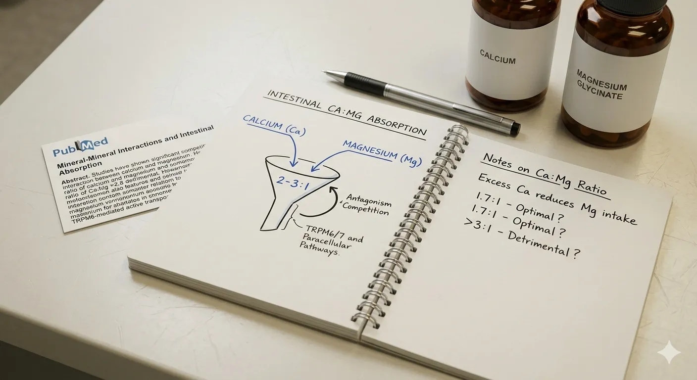 Clinical flat lay with supplement bottles, a lab notebook, and printed mineral absorption data charts on a clean white surface
