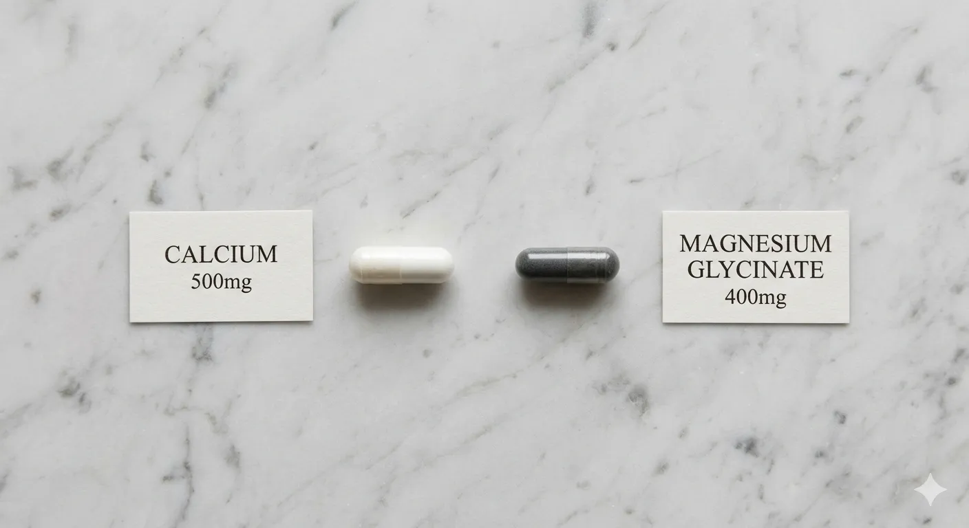 Two supplement capsules side by side on a marble surface, one white and one dark, representing calcium and magnesium competing for absorption