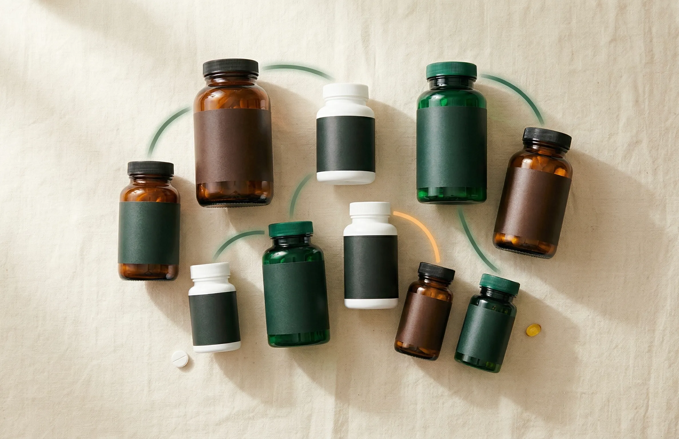 A collection of supplement bottles arranged on a wooden counter, showing multiple products containing overlapping ingredients