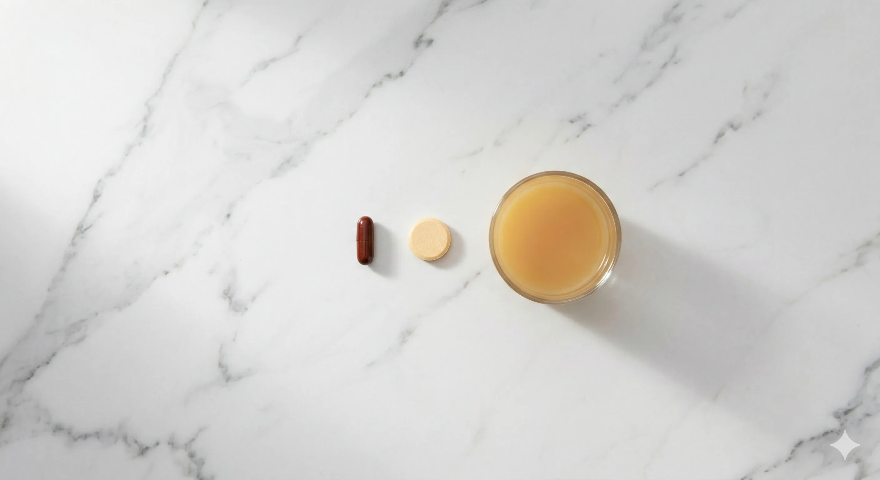 Clinical flat lay — an iron supplement capsule and a vitamin C tablet beside a glass of orange juice on a clean white marble surface, soft natural light, clinical and clean aesthetic
