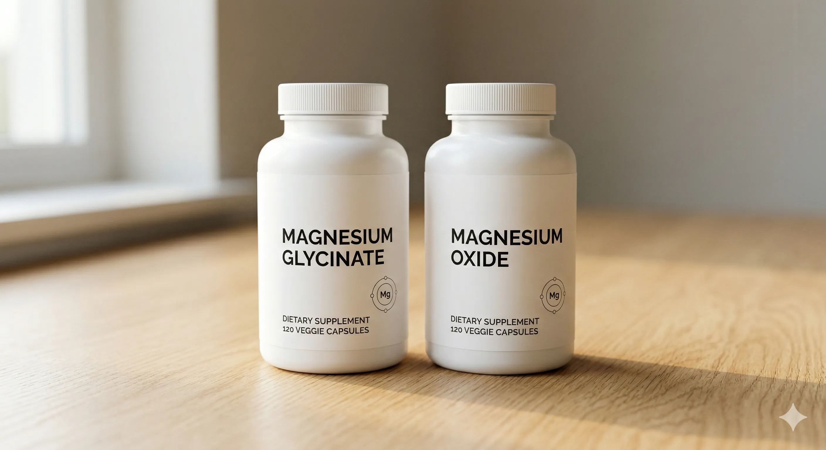 Two supplement bottles side by side on a clean wooden surface — one labeled magnesium glycinate, one labeled magnesium oxide — warm natural light, clinical but approachable aesthetic