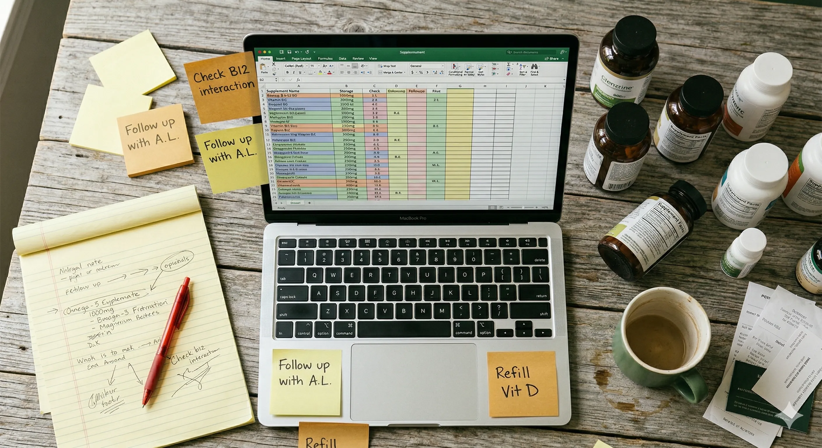 Overhead view of a cluttered desk with a laptop displaying a color-coded supplement tracking spreadsheet, surrounded by handwritten notes, sticky notes, and supplement bottles — representing the overwhelm of manual client protocol management.