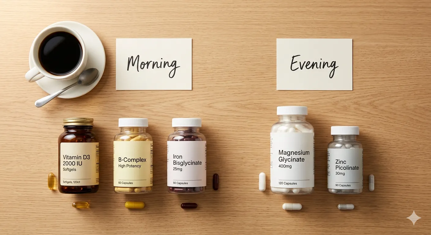 Flat lay of supplement bottles arranged in two groups — morning and evening — on a warm wood surface with soft natural light