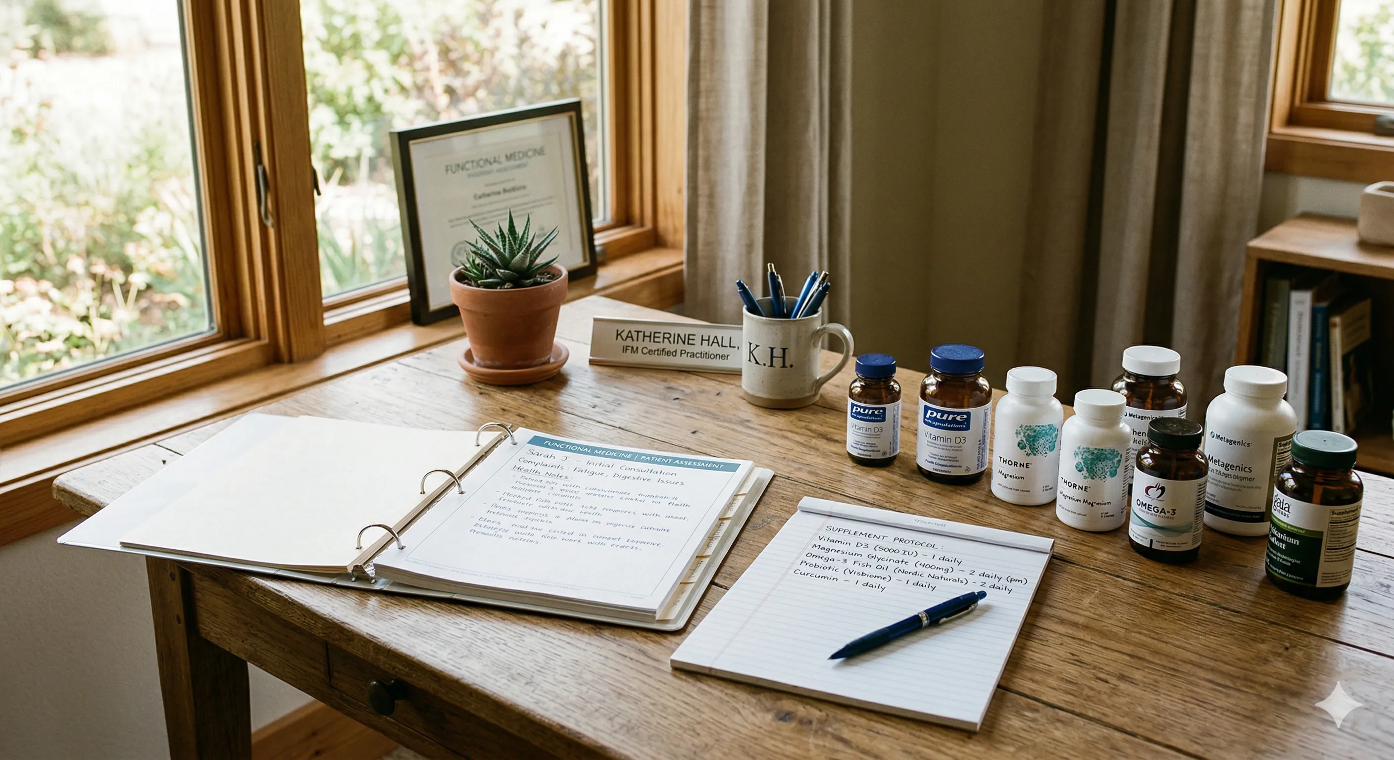 A functional medicine practitioner's desk with an open patient chart, a scattered collection of supplement bottles, and a notepad with handwritten supplement names — warm clinical setting, natural light