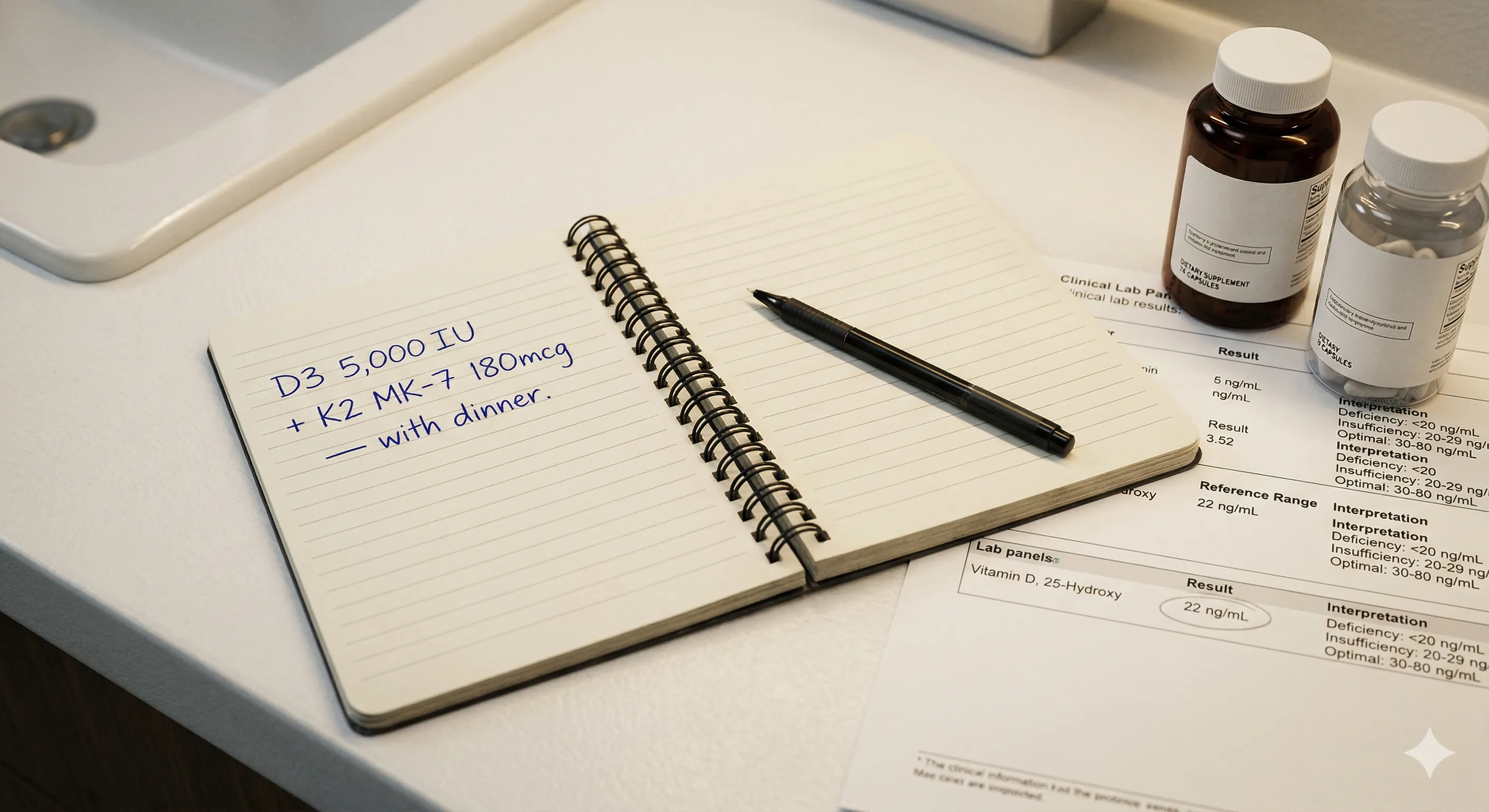 Clinical flat lay with a printed lab panel showing vitamin D serum levels, two supplement bottles, and an open notebook with protocol notes on a white surface