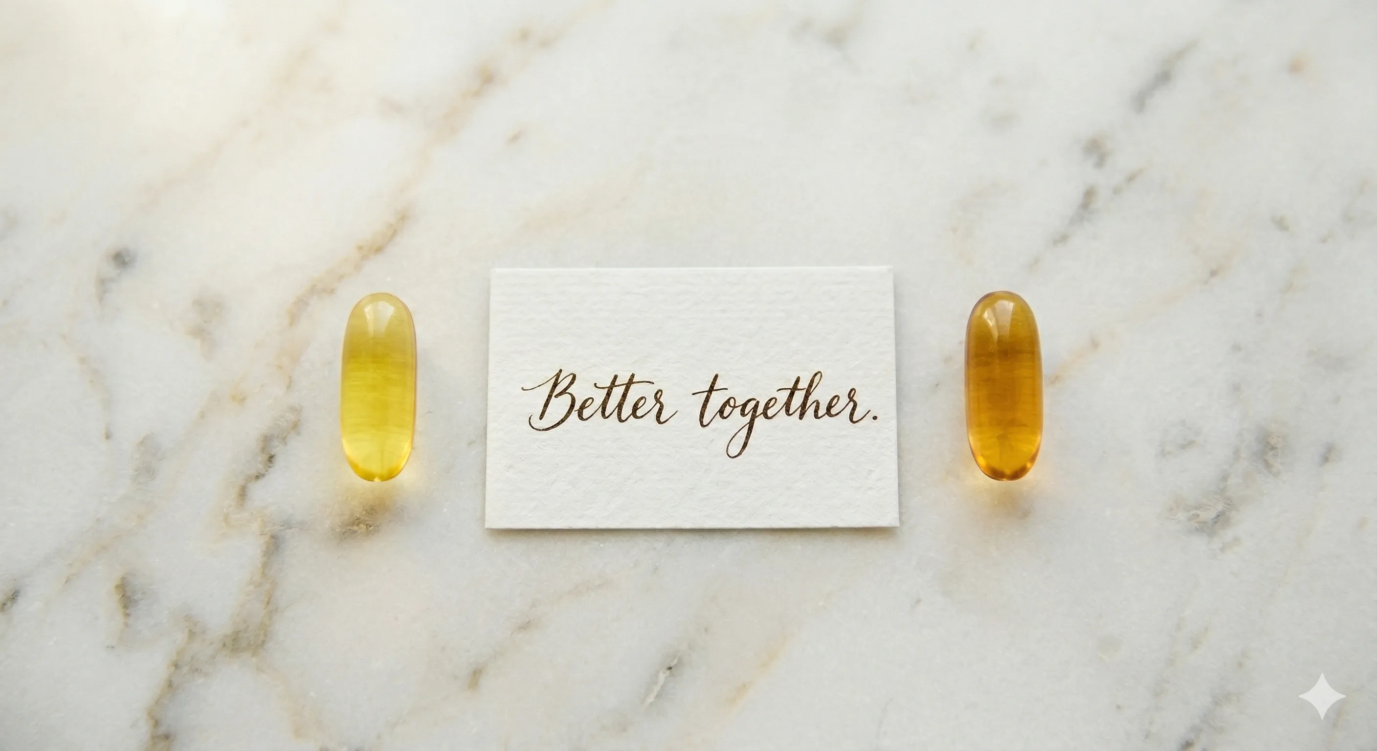 Two supplement softgels on a warm marble surface — one yellow vitamin D capsule and one darker K2 capsule — positioned close together suggesting they belong as a pair