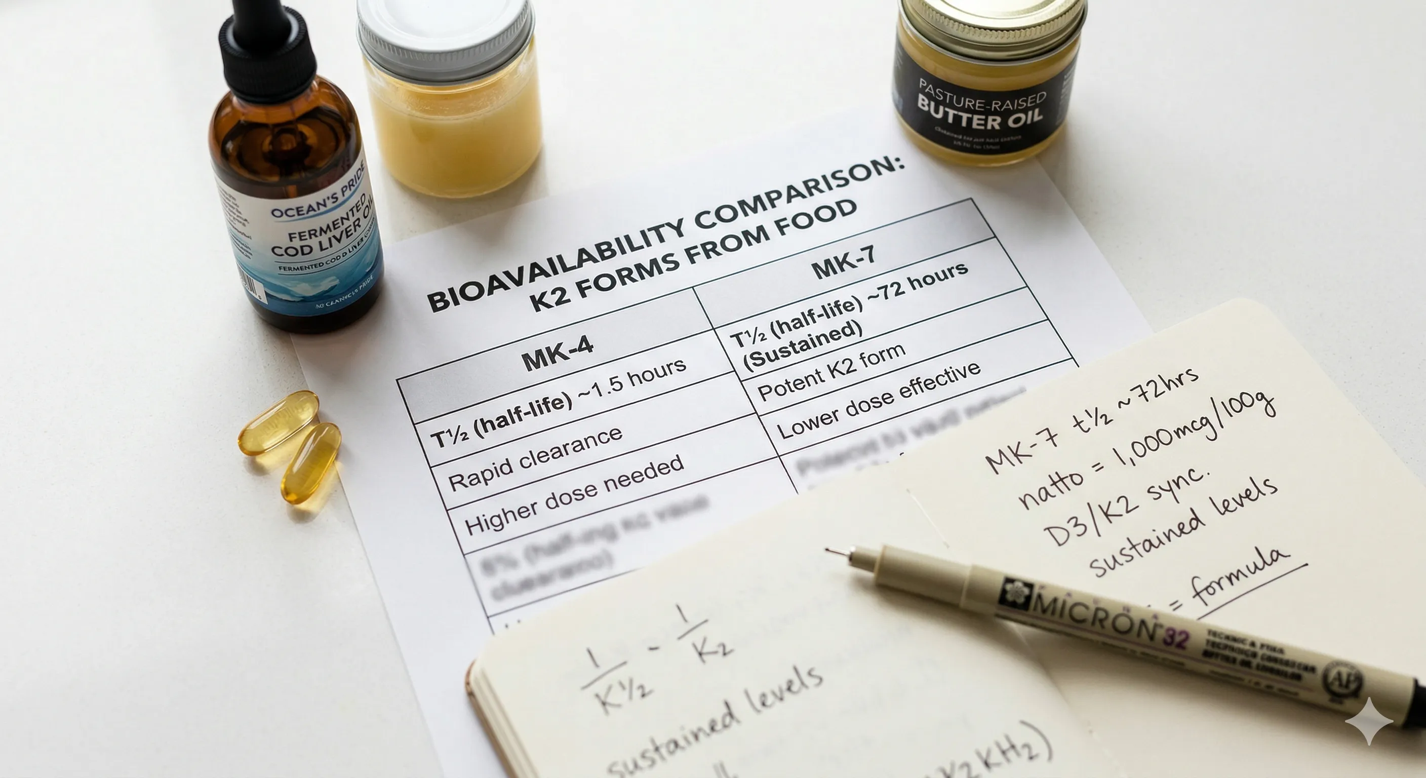 Clinical flat lay with a printed bioavailability comparison table, fermented cod liver oil bottle, supplement softgels, and an open protocol notebook on a white surface