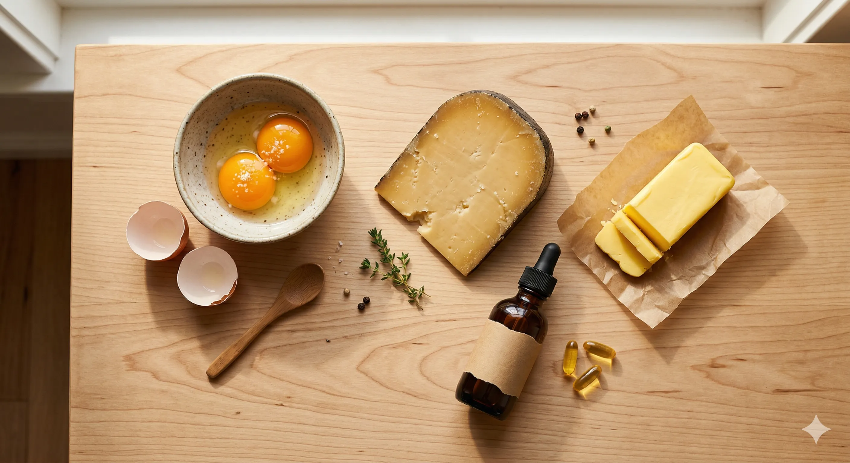 Flat lay of whole food D3 and K2 sources — egg yolks, hard cheese, a small bottle of fermented cod liver oil, and grass-fed butter — alongside two supplement softgels on a warm wood surface