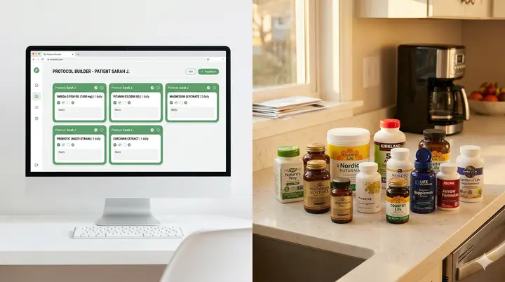 A split visual — left half shows a clinical practitioner dashboard with a clean supplement protocol, right half shows a consumer's kitchen counter with supplement bottles from various retail sources — representing the gap between prescribed and self-managed